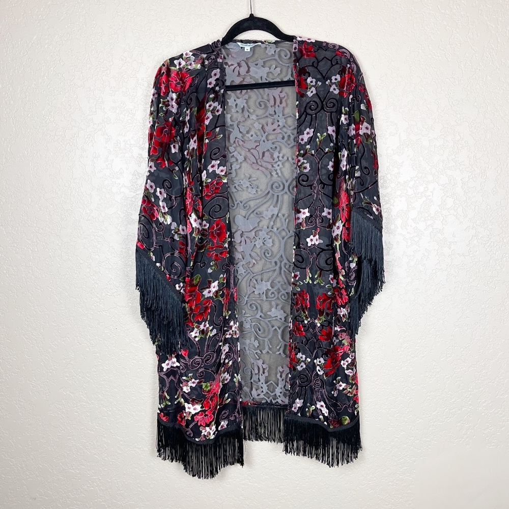 Floral print velvet fringe open front kimono